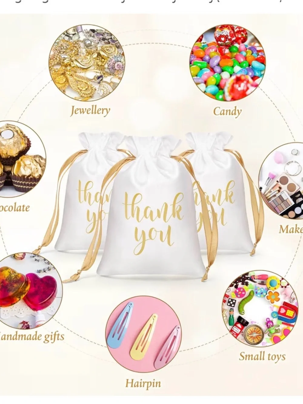White and Gold 'Thank You' Drawstring Favor Bags - Party Supplies